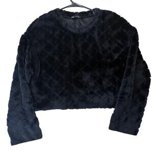 Zara Black Faux Fur Cropped Long Sleeve Top, Size‎ small